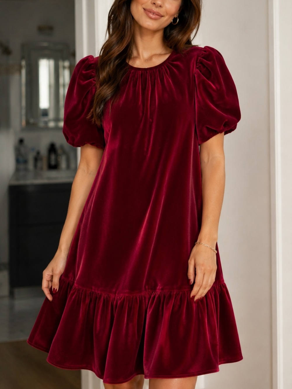 DKNY Wine Velvet Puff-Sleeve Mini Dress- Worn Once